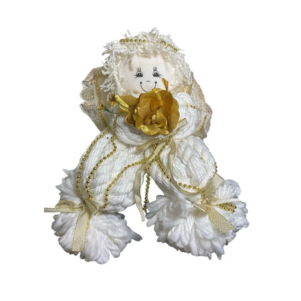 Vintage Yarn Christmas Angel Doll White Gold Shelf Sitter Handmade Holiday Decor